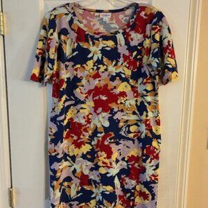 LuLaRoe Women's Fitted Knit Bodycon Colorful Floral Midi Short Sleeve Dress Sz L